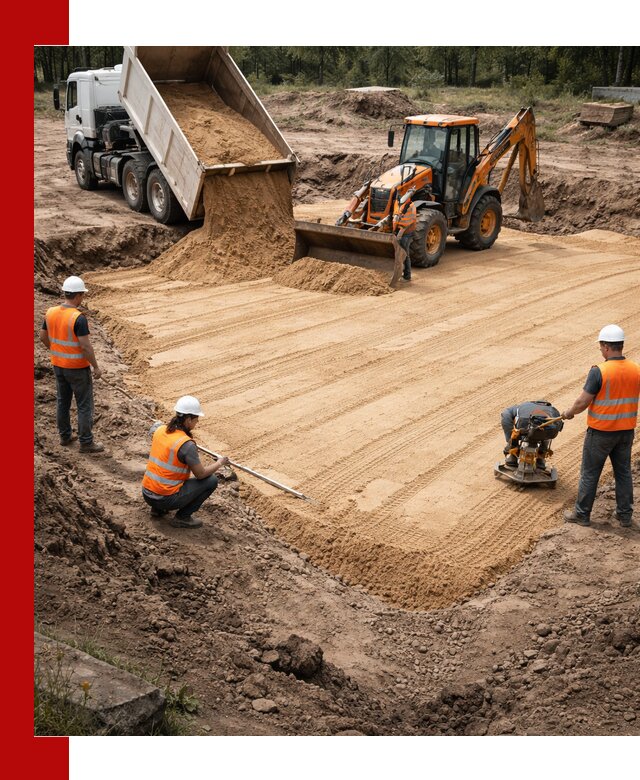 Устройство песчаной подушки для фундаментов и дорог в Москве